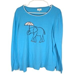 Crown & Ivy Elephant Umbrella Teal Blue fun animal nature long sleeve shirt XL